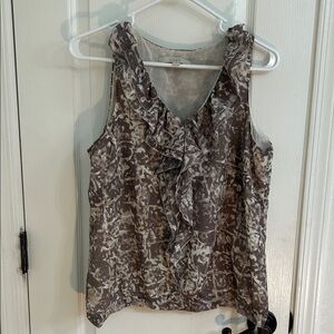 LOFT size LP Abstract Mauve and Lavender Beige & Cream Ruffle Blouse